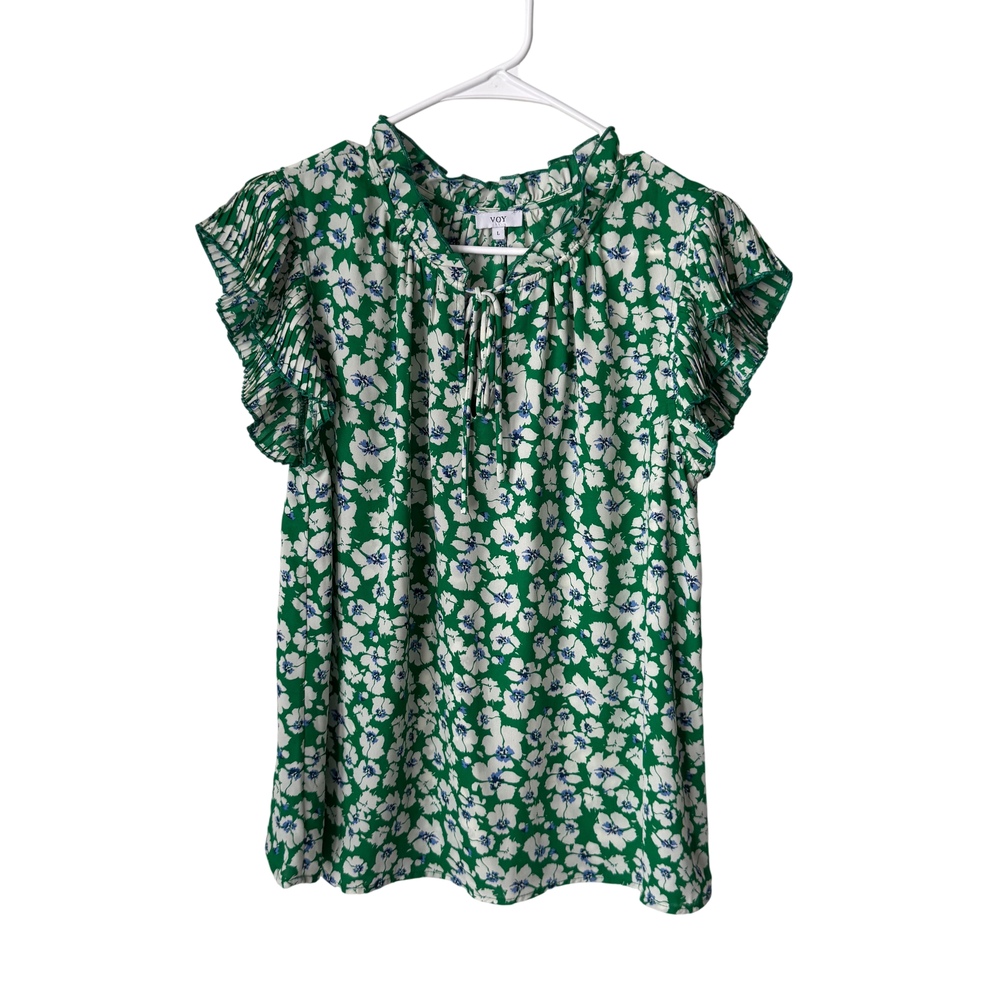 Floral Ruffle Sleeve Blouse in Green